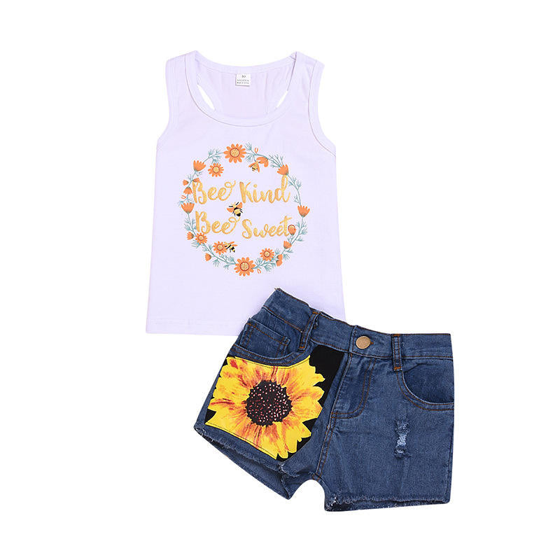 2Pcs Baby Girl Sunflower Outfits Sleeveless Tank Top and Denim Shorts Summer Clothes-White