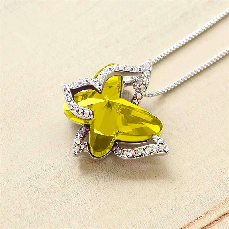 Butterfly Birthstone Crystal Pendant Necklace Gifts for Women Girls-Yellow