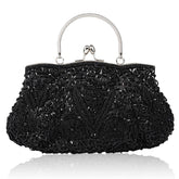 Beaded Sequin Design Flower Evening Purse Large Clutch Bag-Black