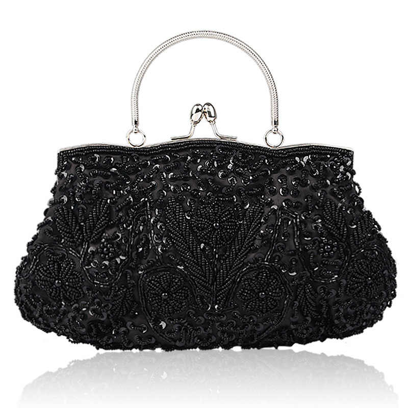 Beaded Sequin Design Flower Evening Purse Large Clutch Bag-Black