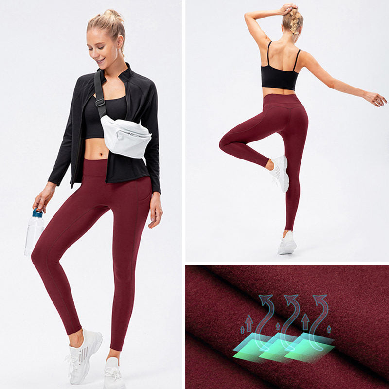 Womens Fleece Leggings with Pockets Tummy Control Thermal Yoga Pants-Red