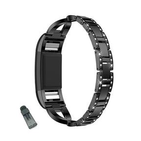 X Shape Bling Stainless Steel Watch Band Adjustable Wristband Replacement Sport Strap For Fitbit Charge 2/Fitbit Charge 3 For Women-Black