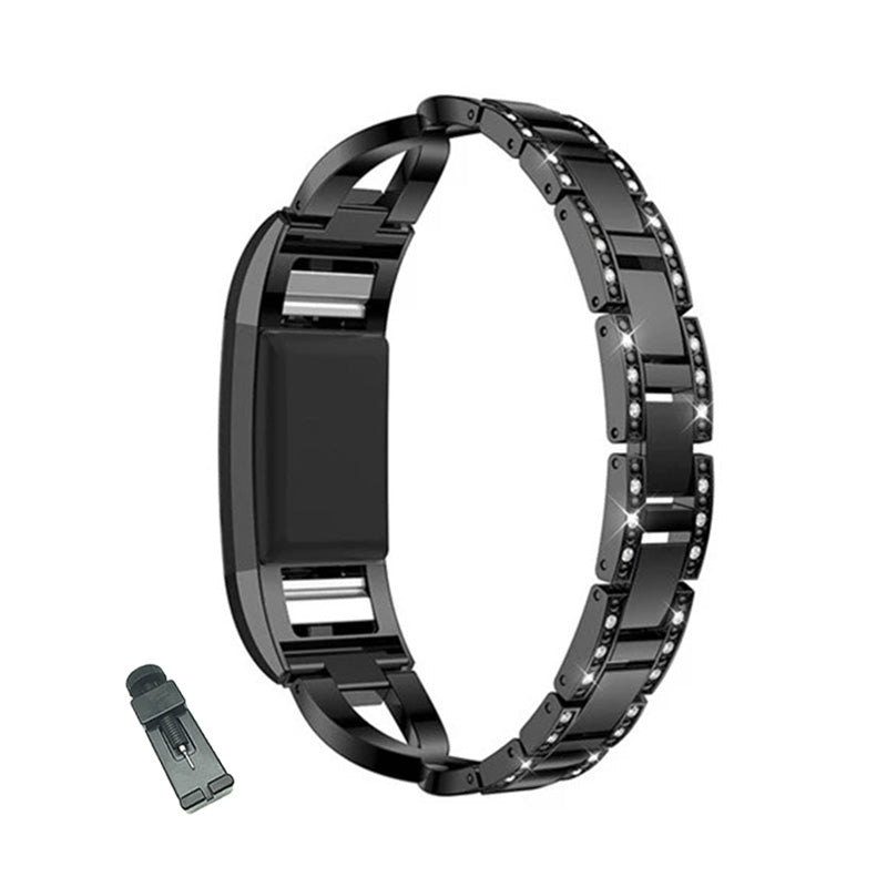 X Shape Bling Stainless Steel Watch Band Adjustable Wristband Replacement Sport Strap For Fitbit Charge 2/Fitbit Charge 3 For Women-Black