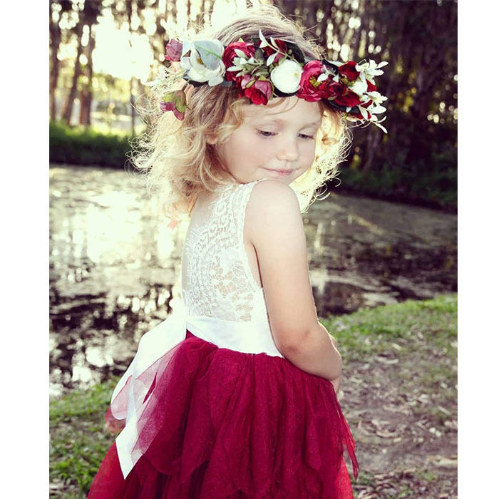 Little Girl Lace Flower Tutu Dress Backless Wedding Flower Girl Dress-Red