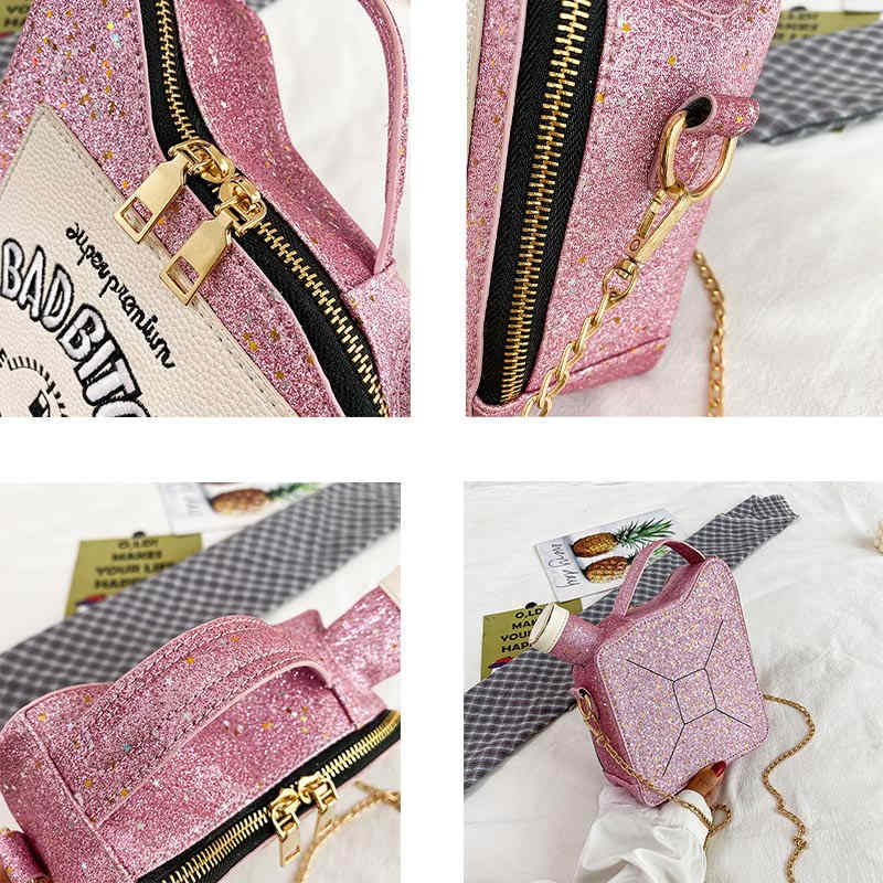 Women Fashion Sequin Crossbody Bag Fun Gasoline Handbag-Pink