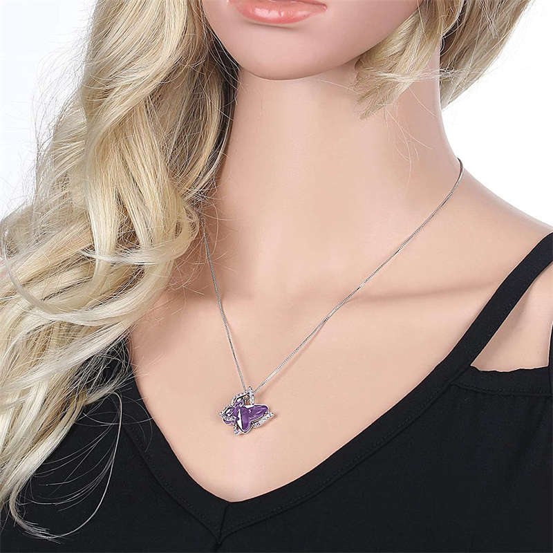 Butterfly Birthstone Crystal Pendant Necklace Gifts for Women Girls-LightPurple