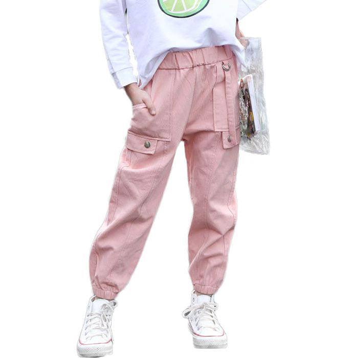 Girls Joggers Long Pants Pockets Outdoor Casual Trousers Iron Ring-Pink