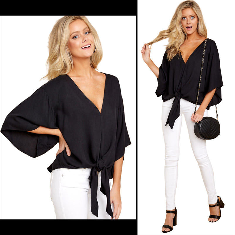 Boho Womens Blouse V Neck Tie Knot 3/4 Sleeve Summer Casual Tops-Black