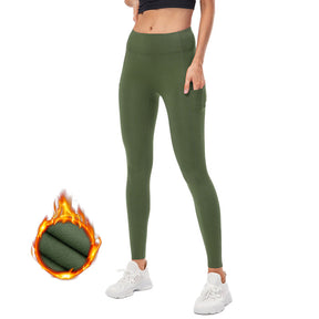 Womens Fleece Leggings with Pockets Tummy Control Thermal Yoga Pants-Green