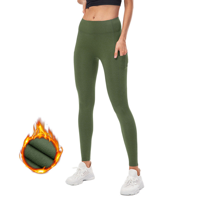 Womens Fleece Leggings with Pockets Tummy Control Thermal Yoga Pants-Green