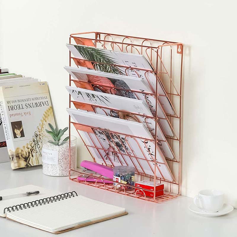 Hanging File Organizer6 Tier Wall Mount Document Letter Tray File Organizer for Home and Office -Rose Gold