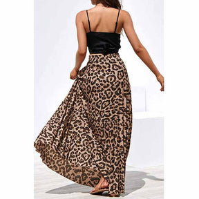 Women's Gold Velvet Fashion Leopard Printing Maxi Skirt High Elastic Shirring Waisted Dress-Khaki