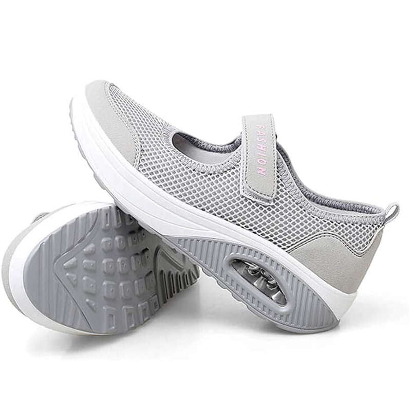 Women Casual Air Cushion Sneakers Velcro Mary Jane Shoes-Gray