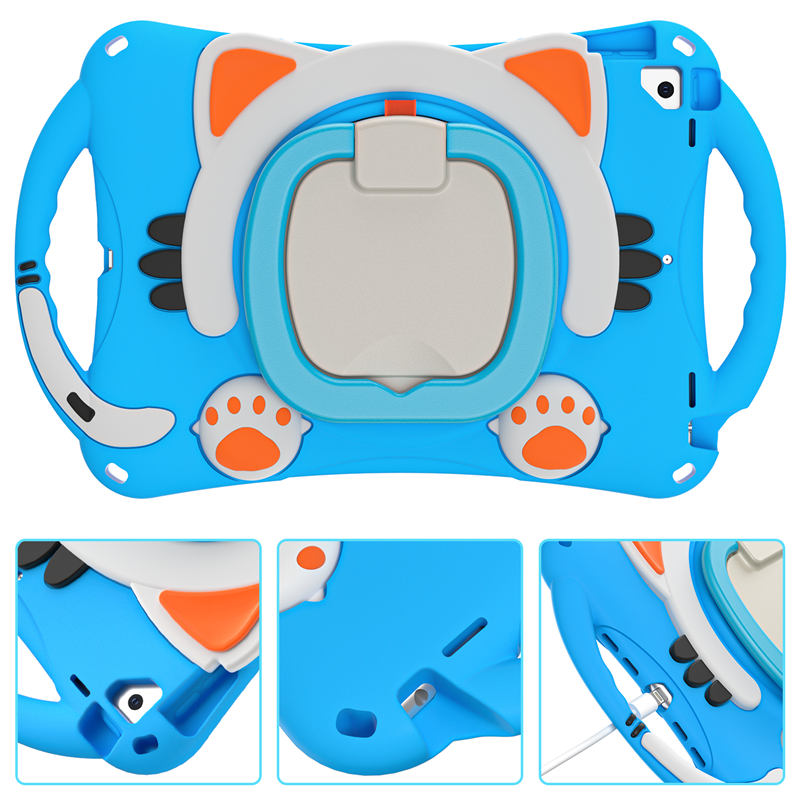 CatB Silicone Case For iPad 10.2 Air10.5 Pro10.5 Shockproof Shoulder Strap Handle Stand-Light Blue