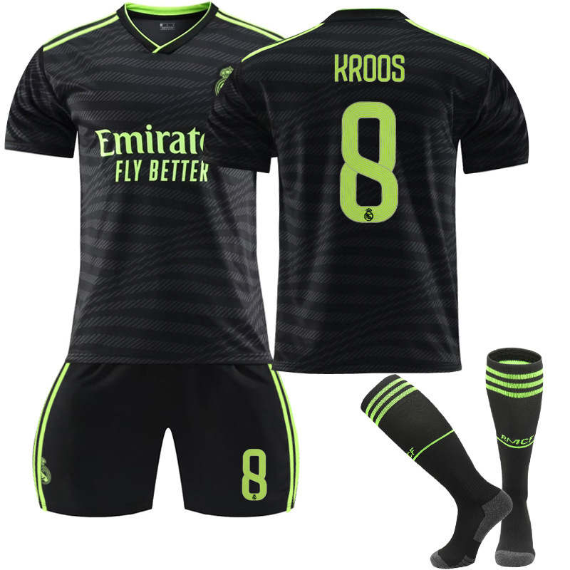 Real Madrid Second Away Jersey 2022-23 KROOS #8 Soccer Jersey Kids Adult 3-Pieces Jersey Kits