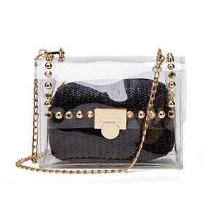 2 in 1 Transparent Shoulder Bag Set Fashion Rivet Chain Strap PVC Handbags for Women-Black