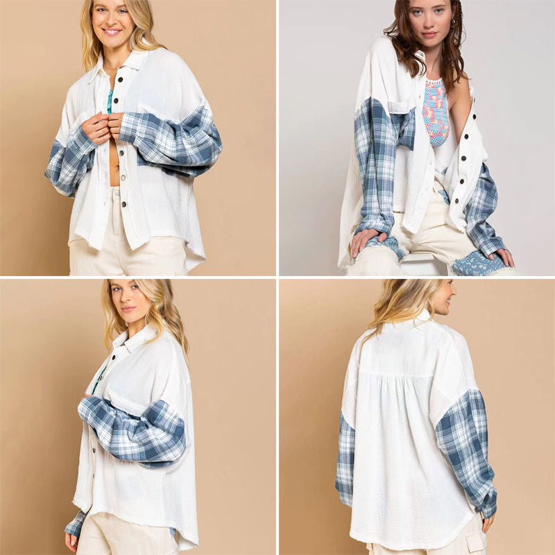 Womens Plaid Shirt Patchwork Long Sleeve Oversized Blouse for Fall