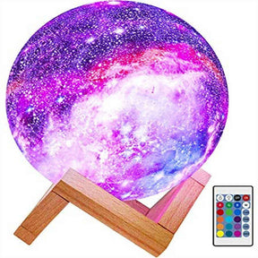 Kids Night Light Rechargable Galaxy Lamp 16 Colors LED 3D Star Moon Light with Wood Stand and Remote Control