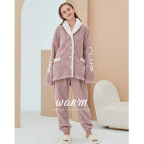 Womens Winter Fleece Pajamas Set Warm Loungewear-Pink