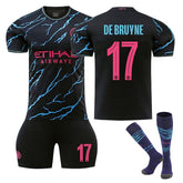 Manchester City Second Away UEFA Jersey DE BRUYNE #17 Soccer Jersey Kids Adult 3Pcs Jersey Kits