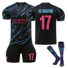 Manchester City Second Away UEFA Jersey DE BRUYNE #17 Soccer Jersey Kids Adult 3Pcs Jersey Kits