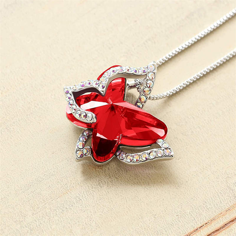 Butterfly Birthstone Crystal Pendant Necklace Gifts for Women Girls-Red