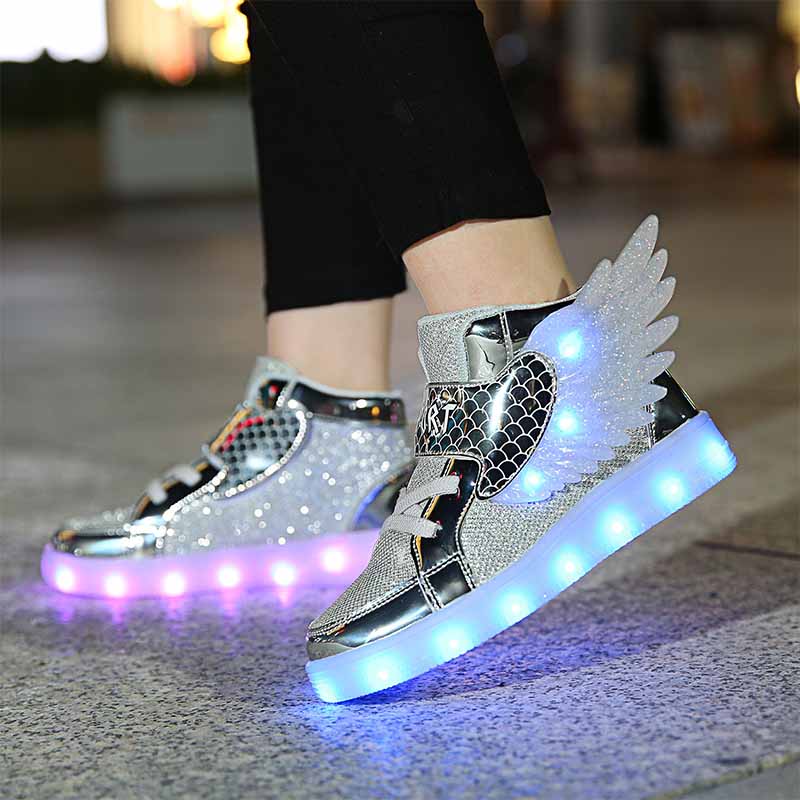 Kids Light up Shoes LED High Top Wings Sneakers-Silver