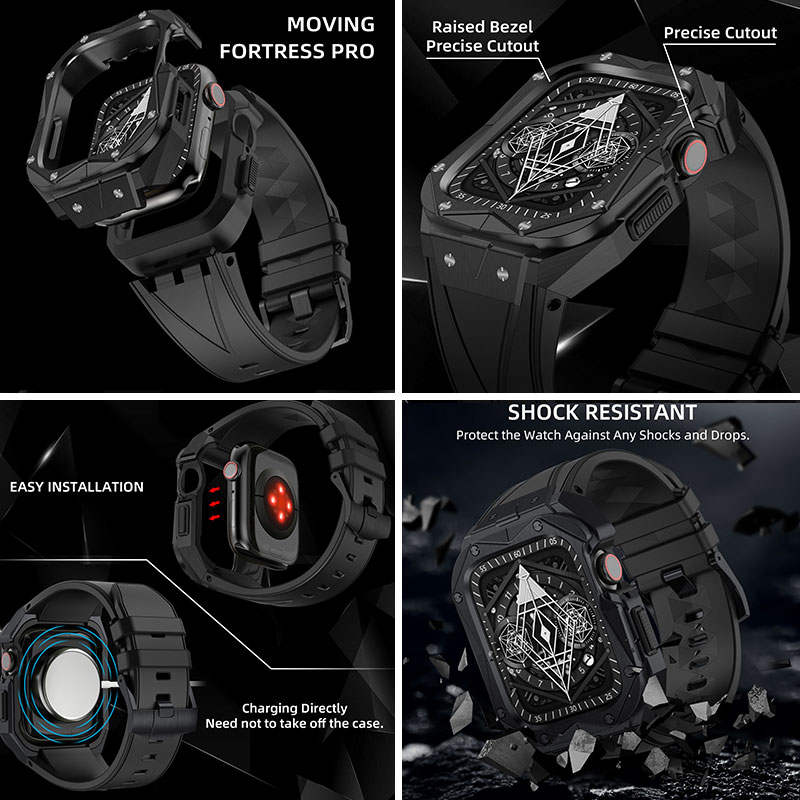 Sport TPU Strap with Protective Cover Frame for Apple Watch 44mm/45mm-Black