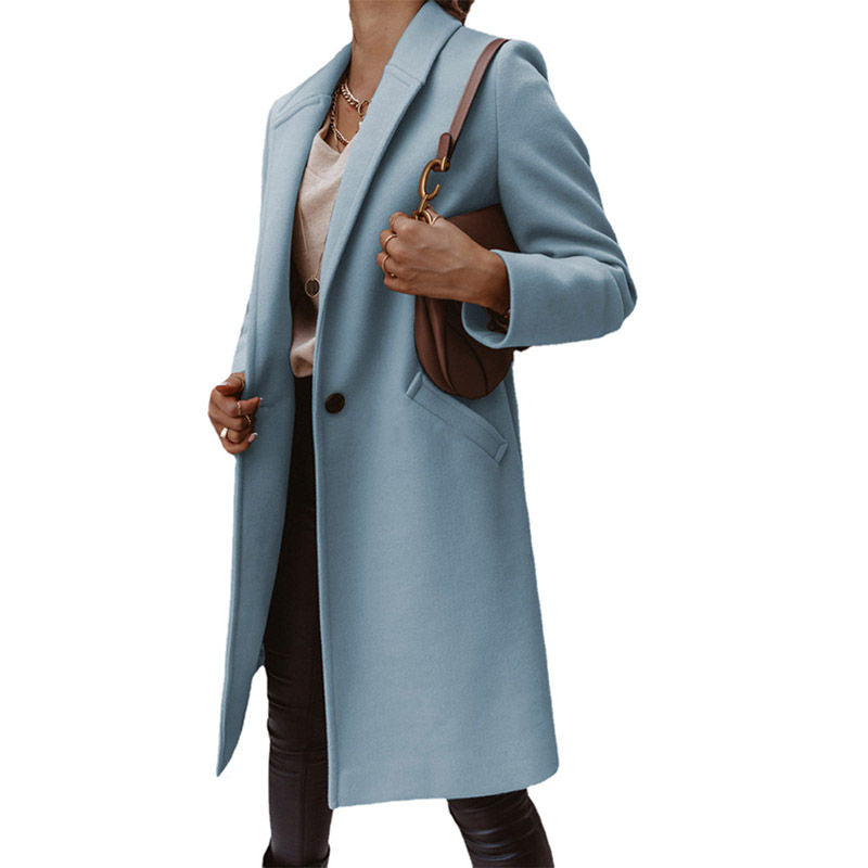 Elegant Womens Coat Lapel Solid Button Down Warm Long Outwear-SkyBlue