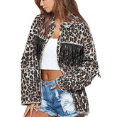 Womens Leopard Print Jacket Button Down Fringe Vintage Denim Coat