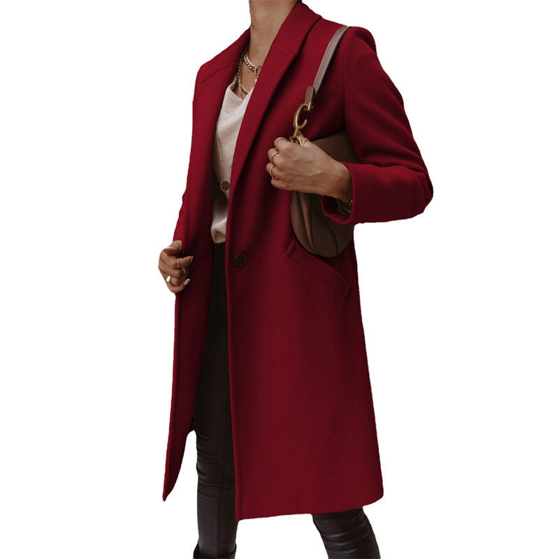 Elegant Womens Coat Lapel Solid Button Down Warm Long Outwear-WineRed