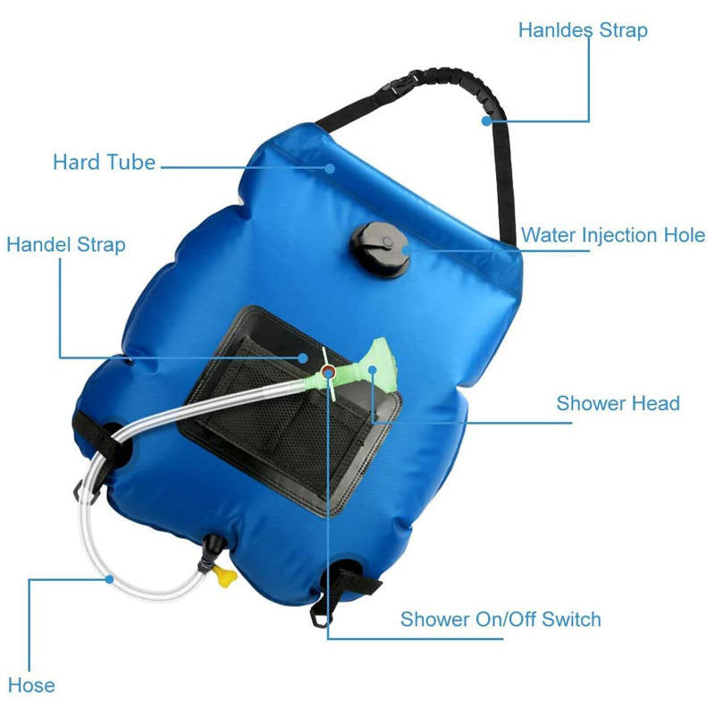 20L Solar Shower Bag with Removable Hose and Shower Head for Camping-Blue