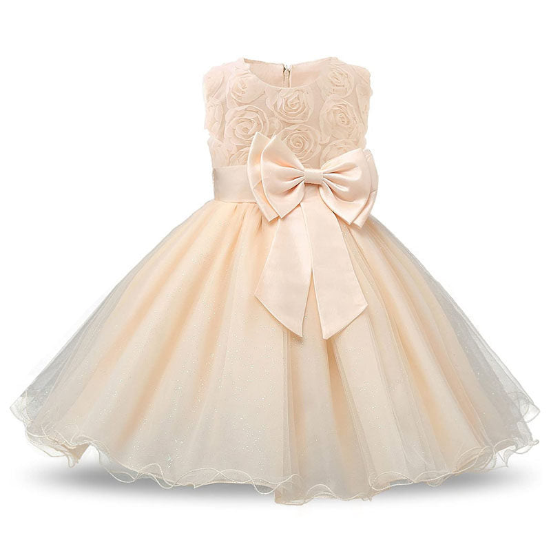 Girl Sleeveless Lace 3D Flower Tutu Holiday Princess Wedding Dresses-Champagne
