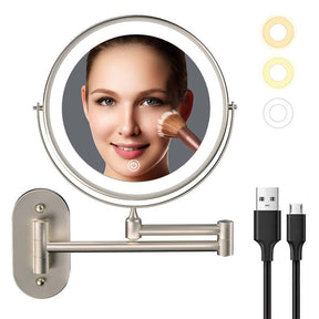 Wall Mounted Lighted Makeup Mirror 8inch 10X Magnifying Cosmetic Mirror with 3 Color Modes USB Charging Type-Nickel