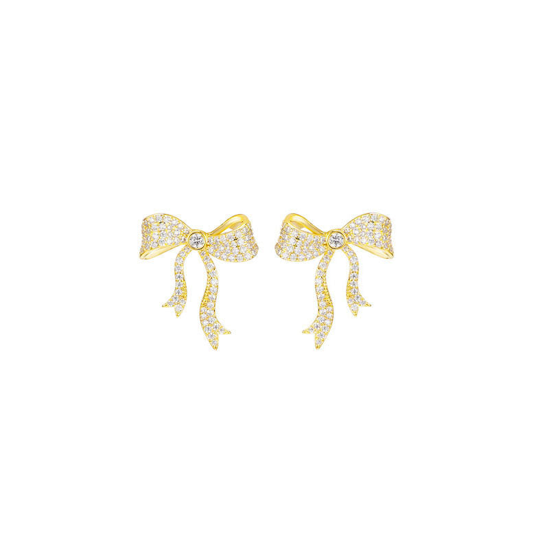 Pair Of Gold Diamond Ribbon Bow Earrings for Women