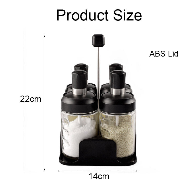Portable 4-Jar Seasoning Organizer Rack Built-in Spoon Moisture-Proof-ABS Lid