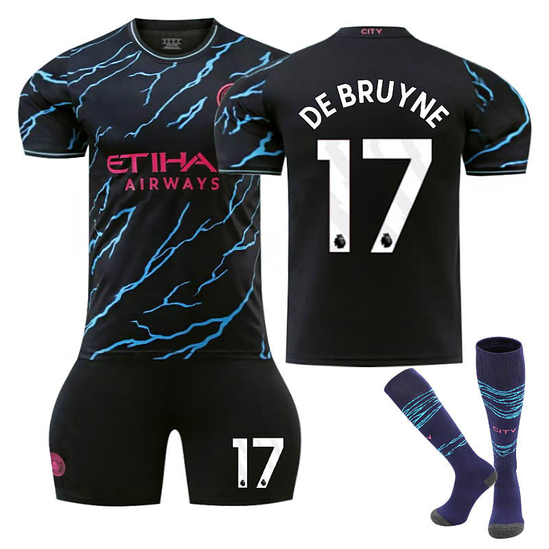 Manchester City Second Away EPL Jersey DE BRUYNE #17 Soccer Jersey Kids Adult 3Pcs Jersey Kits