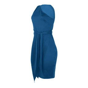 Solid Color Sleeveless Sloping Shoulder Strap Party Cocktail Dress-Blue