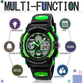 LED Multi Function Sports Waterproof Watch for Kids-Green