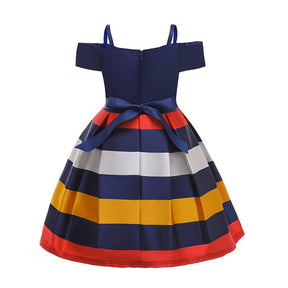 Flower Girls Elegant Dresses Toddler Wedding Pageant Off Shoulder Stripe Dress-Blue