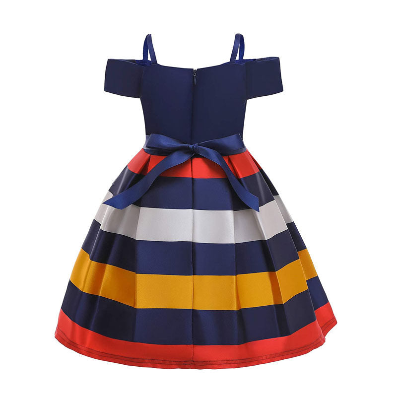 Flower Girls Elegant Dresses Toddler Wedding Pageant Off Shoulder Stripe Dress-Blue