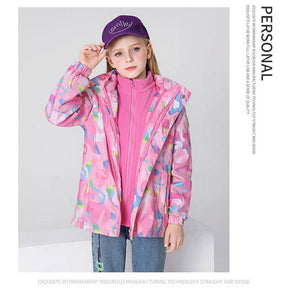 Girls Outdoor Jacket Floral Fleece Removable Light Windproof with Hood-Pink