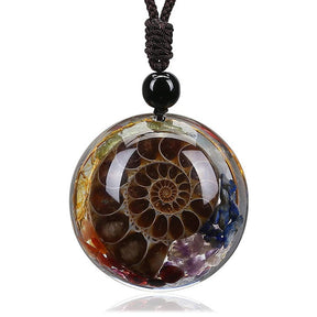 Round Chakra Fossil Resin Pendant Necklace for Women Men