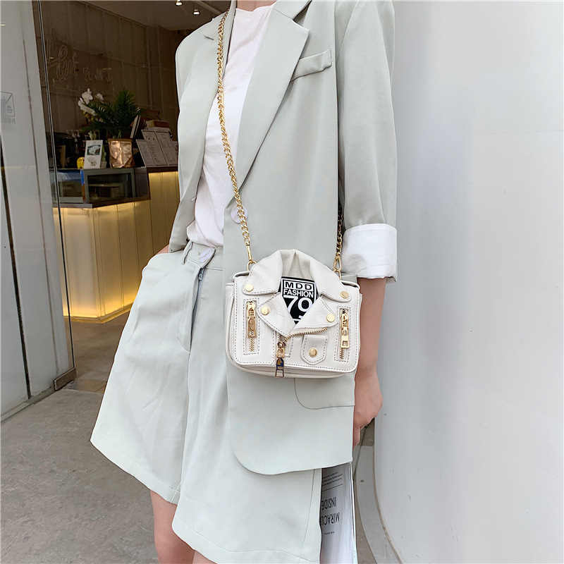 Women Motorcycle Jacket Crossbody Bag Punk Style Lapel Collar Satchel Bag-White
