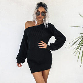 Womens Autumn Winter Off Shoulder Casual Loose Sweater Dress-Black