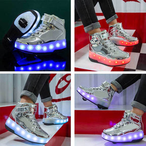 Kids Light Up Roller Skate Shoes High Top Sneakers Double Wheels-Silver