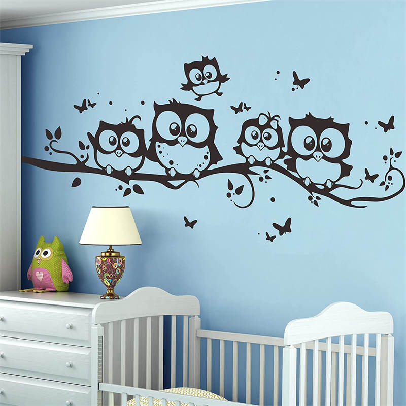 Owls On The Tree Branches Wall Decal Removable Cartoon Art Wall Stickers for Children Rooms