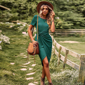 Womens Dress Slit Knit Bodycon Short Sleeve Solid Color Midi Dress-Dark Green