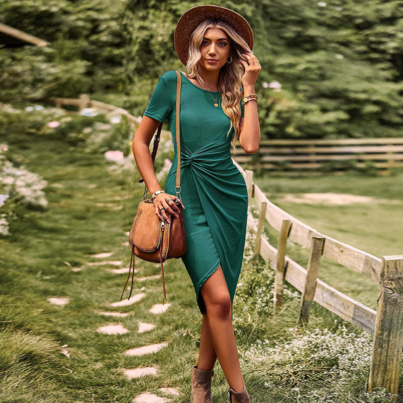 Womens Dress Slit Knit Bodycon Short Sleeve Solid Color Midi Dress-Dark Green