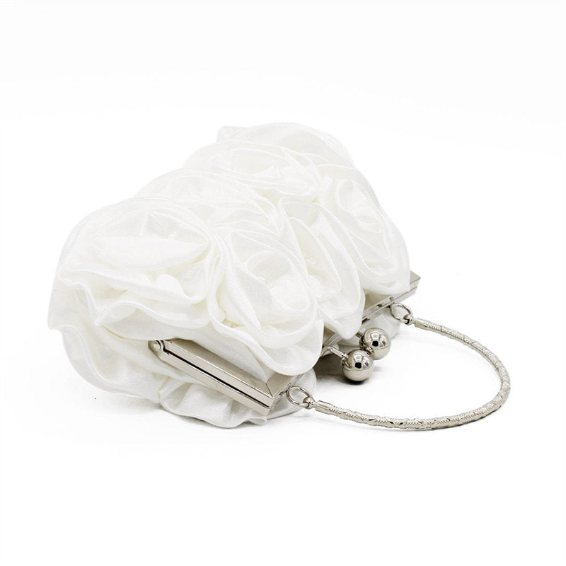 Roses Clutch Purse Satin Money Clip Evening Handbag-White